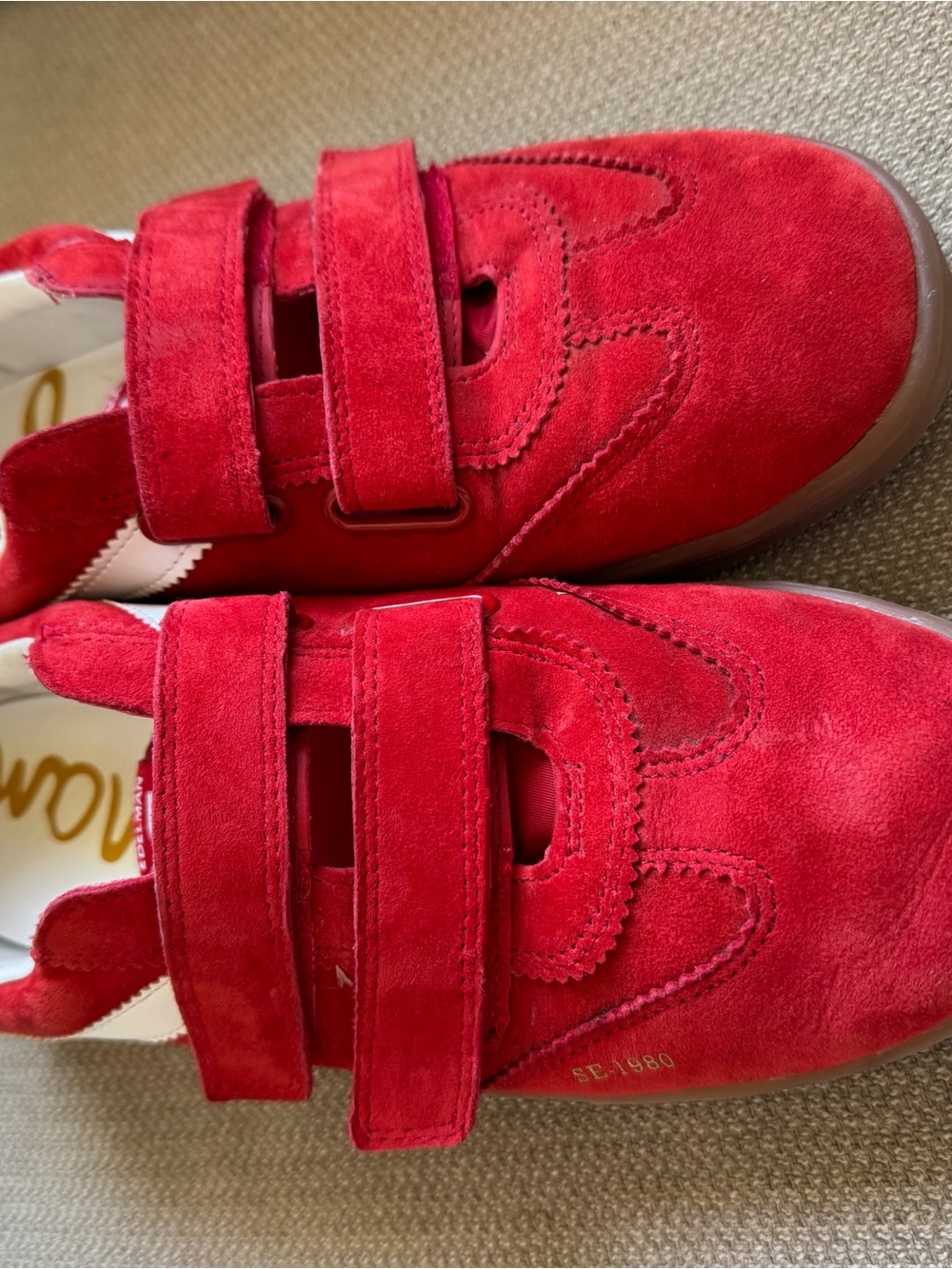Sam Edelman Women Red Suede Velcro Sneakers with White Accent - Picture 2 of 6